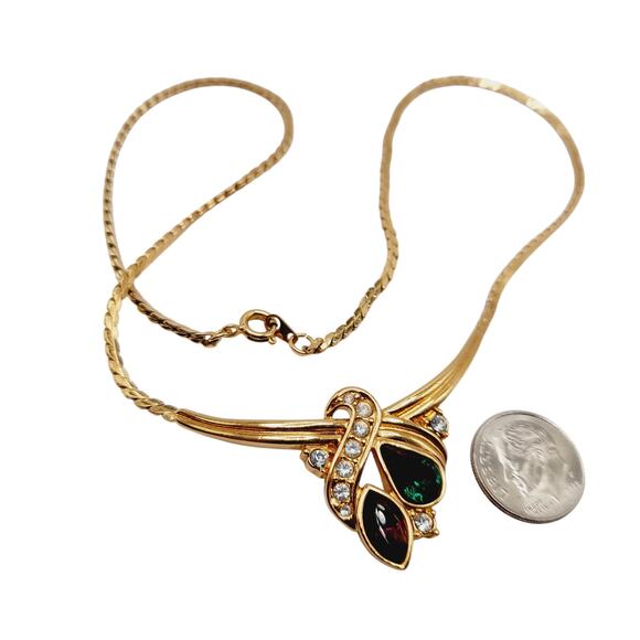 Vintage 1980s Rhinestone Necklace – Purple Green Clear Stones, 16" Pendant Chain - Picture 7 of 8